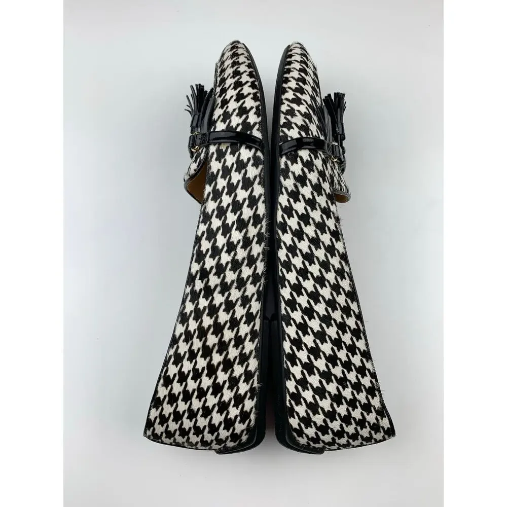 Talbots Flats Black White Houndstooth Calf Hair Tassel Fringe Shoes Women's 10